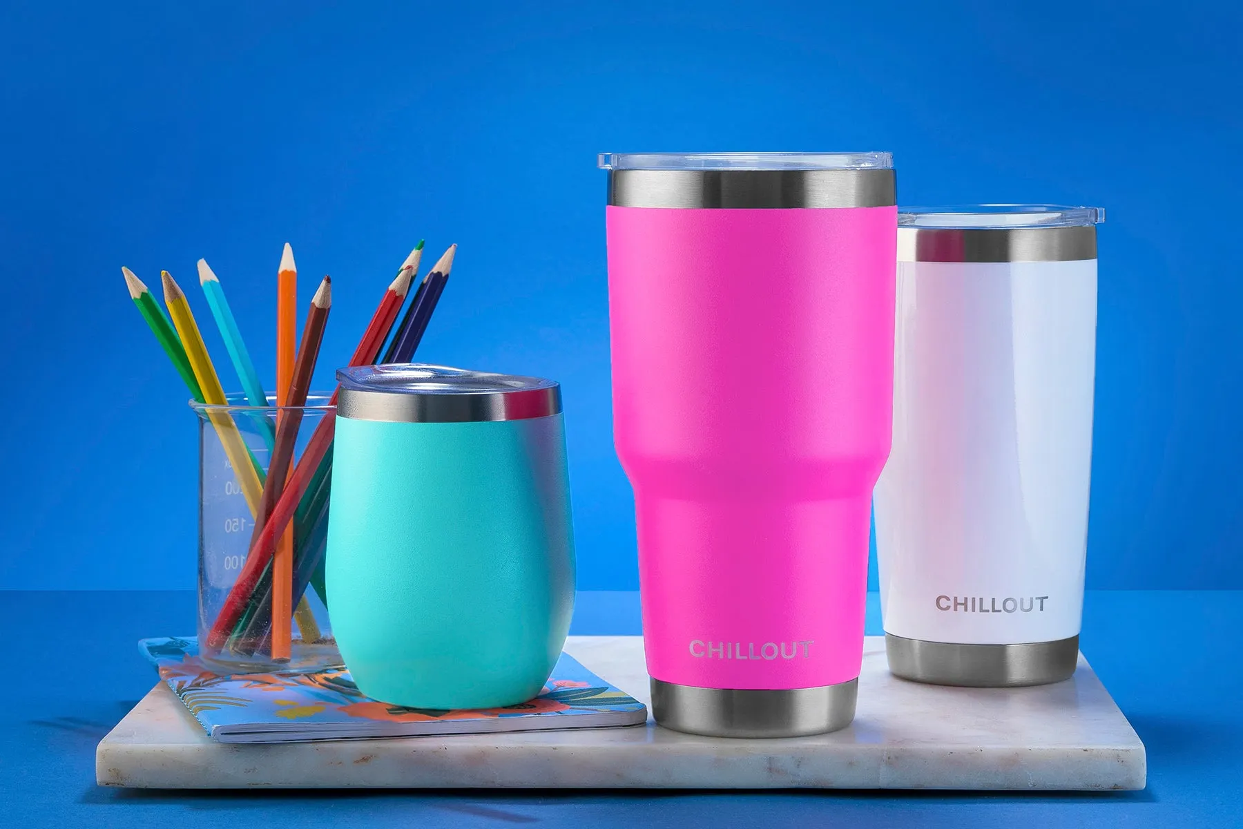 CHILLOUT LIFE Stainless Steel Travel Mug with Handle 30oz – 6 Piece Set. Tumbler with Handle, Straw, Cleaning Brush & 2 Lids