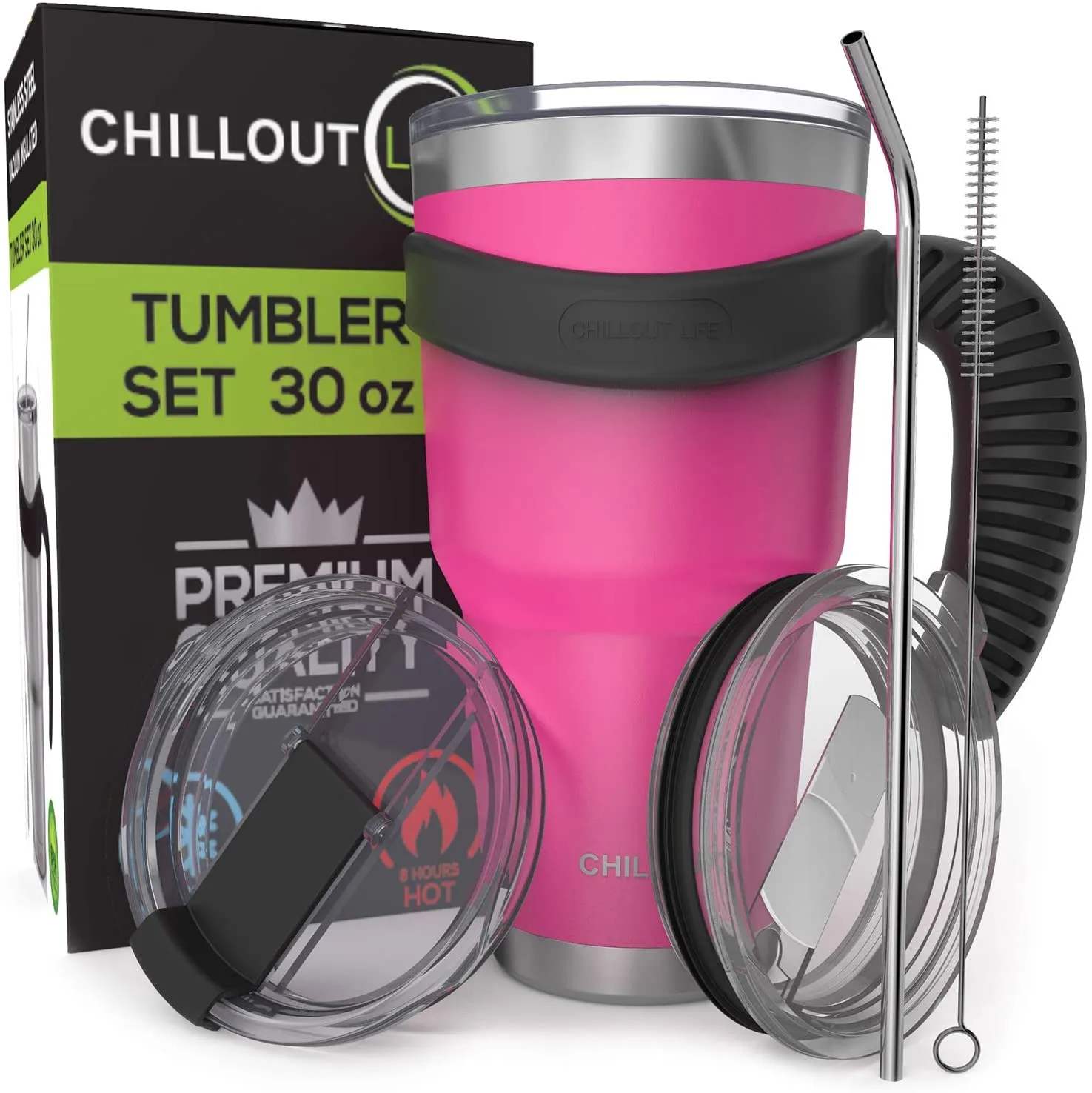 CHILLOUT LIFE Stainless Steel Travel Mug with Handle 30oz – 6 Piece Set. Tumbler with Handle, Straw, Cleaning Brush & 2 Lids