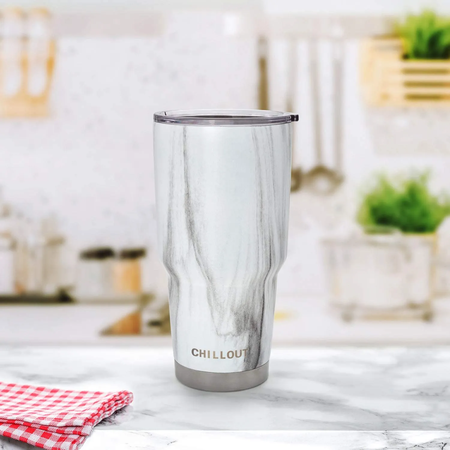 CHILLOUT LIFE Stainless Steel Travel Mug with Handle 30oz – 6 Piece Set. Tumbler with Handle, Straw, Cleaning Brush & 2 Lids