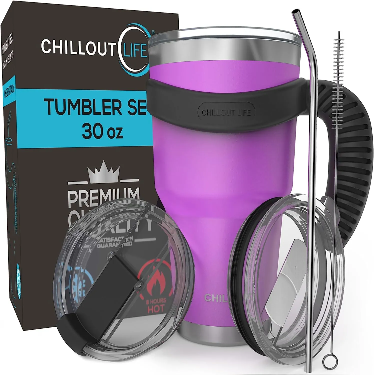 CHILLOUT LIFE Stainless Steel Travel Mug with Handle 30oz – 6 Piece Set. Tumbler with Handle, Straw, Cleaning Brush & 2 Lids