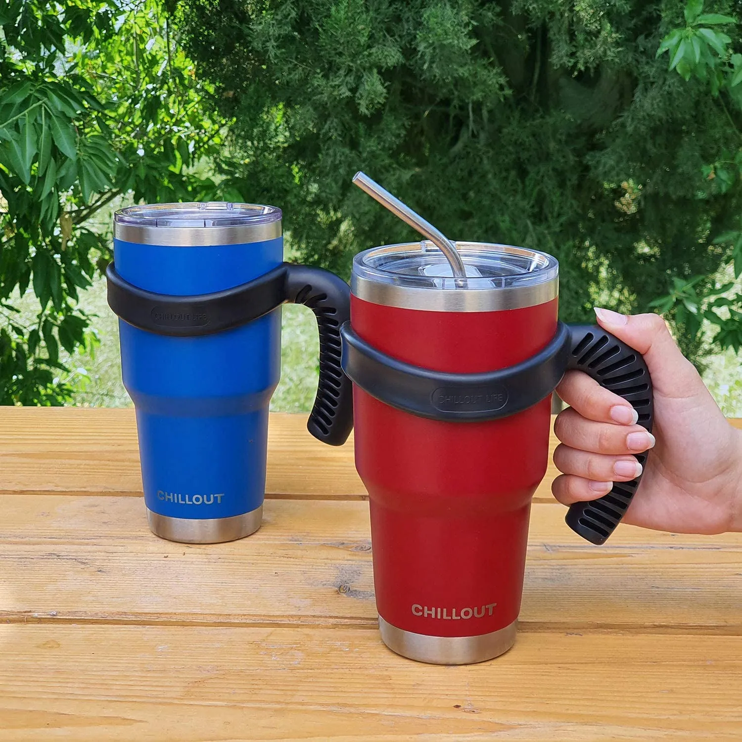 CHILLOUT LIFE Stainless Steel Travel Mug with Handle 30oz – 6 Piece Set. Tumbler with Handle, Straw, Cleaning Brush & 2 Lids