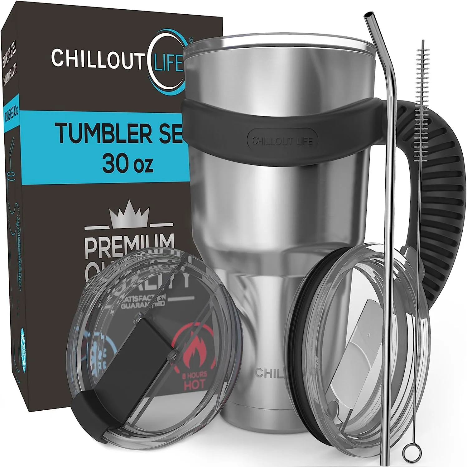 CHILLOUT LIFE Stainless Steel Travel Mug with Handle 30oz – 6 Piece Set. Tumbler with Handle, Straw, Cleaning Brush & 2 Lids