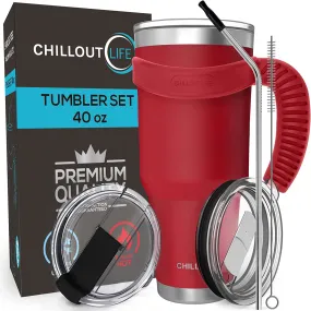 CHILLOUT LIFE Stainless Steel Travel Mug with Handle 40oz - 6 Piece Set. Tumbler with Handle, Straw, Cleaning Brush & 2 Lids