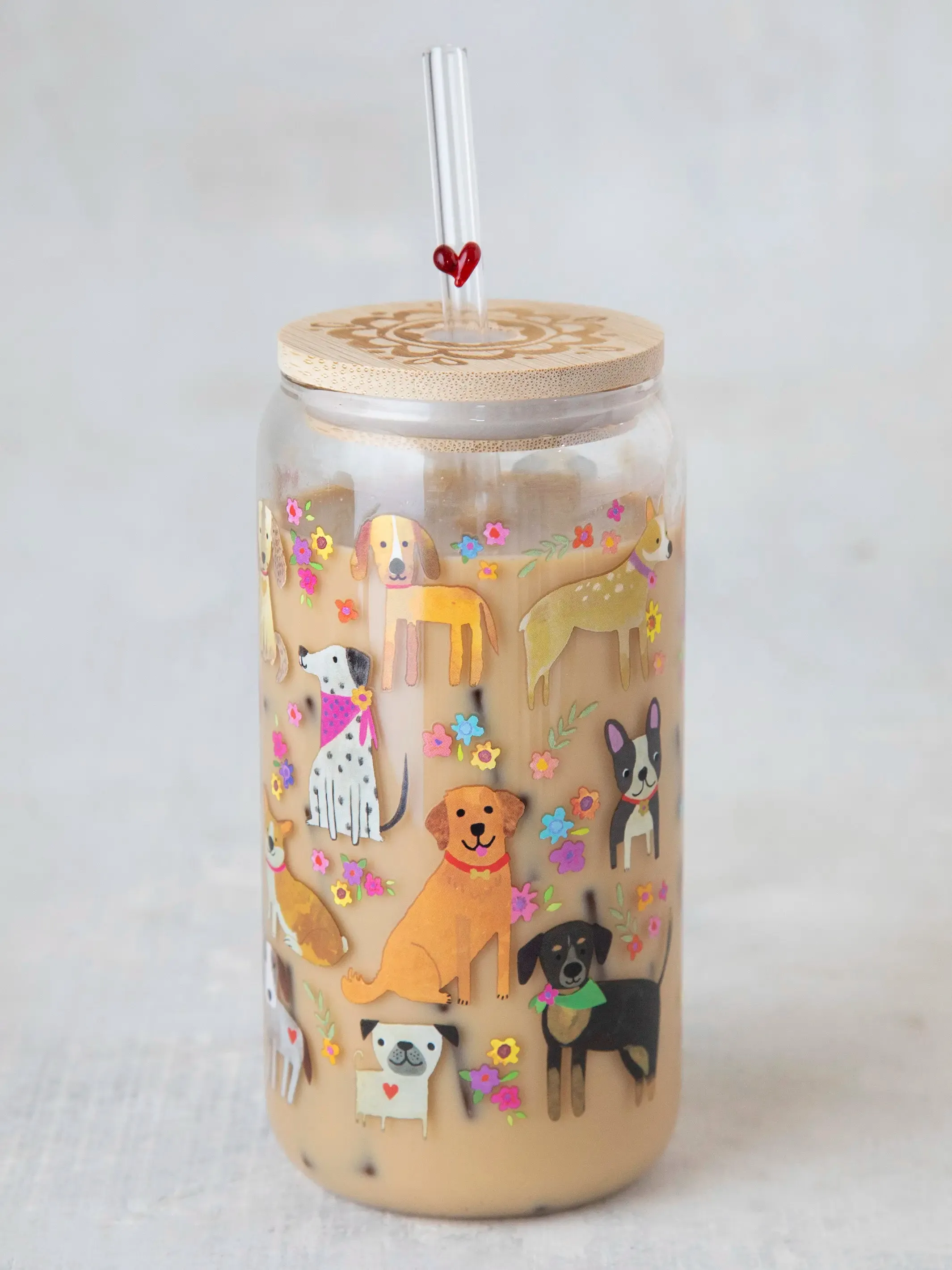 Glass Tumbler With Lid & Straw - Dog