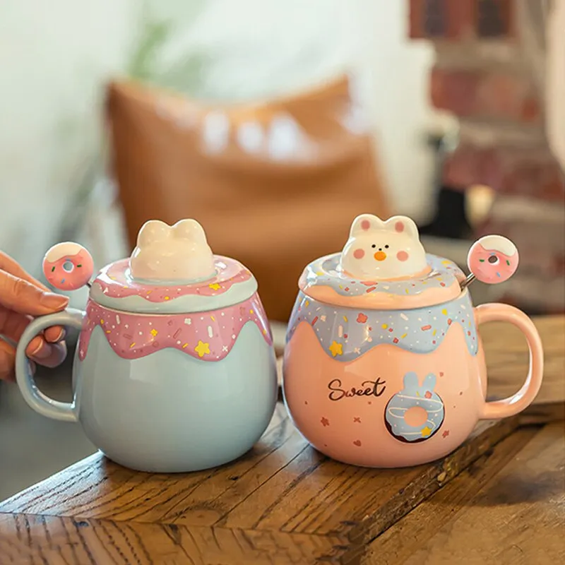 Kawaii Cute Donut Ceramic Mug With Lid And Spoon