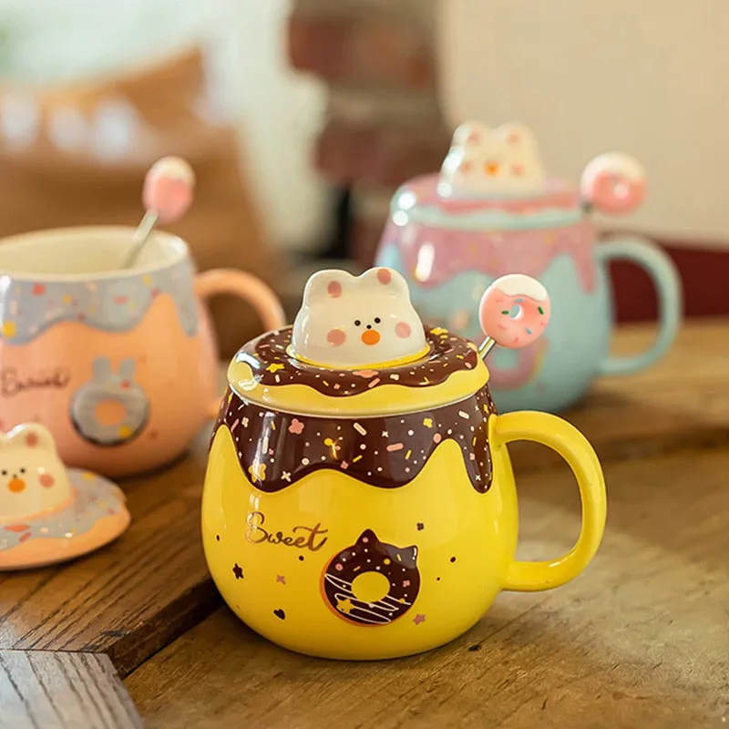 Kawaii Cute Donut Ceramic Mug With Lid And Spoon