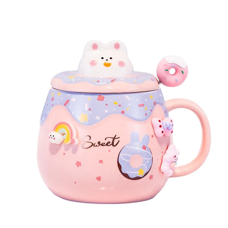 Kawaii Cute Donut Ceramic Mug With Lid And Spoon