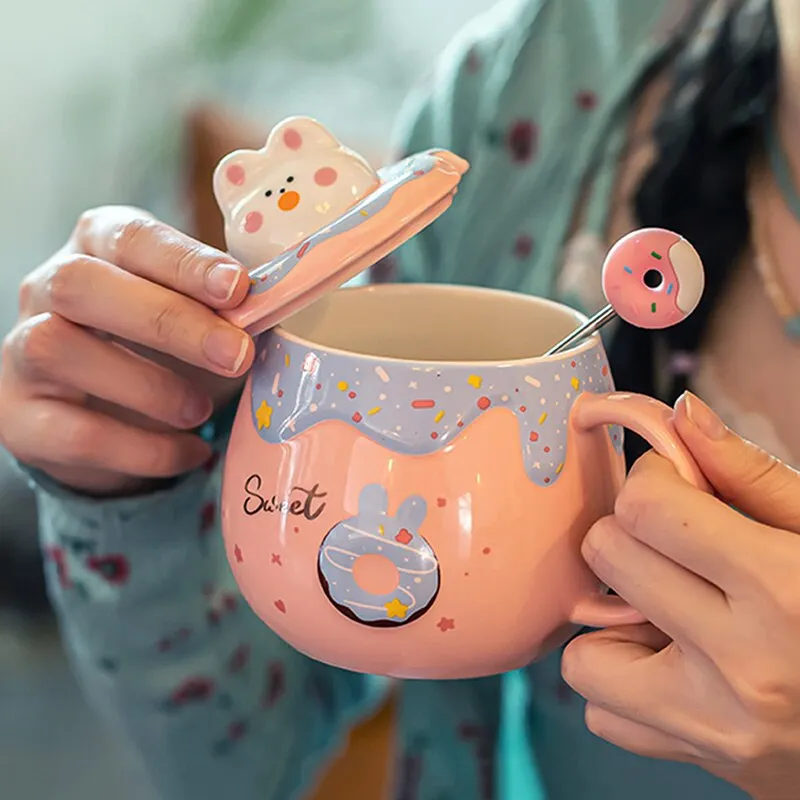 Kawaii Cute Donut Ceramic Mug With Lid And Spoon