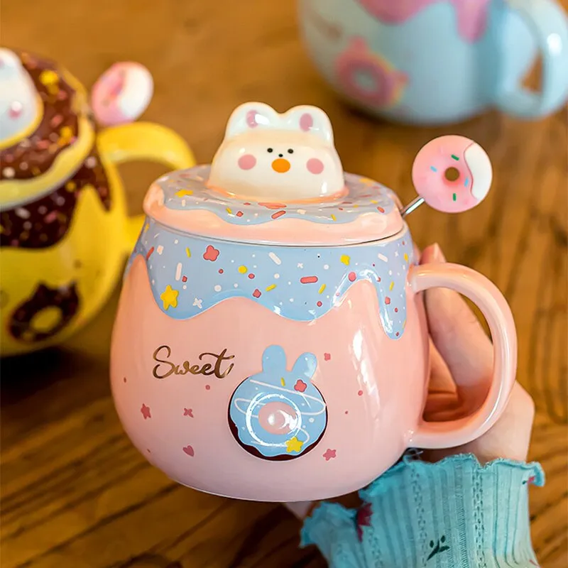 Kawaii Cute Donut Ceramic Mug With Lid And Spoon