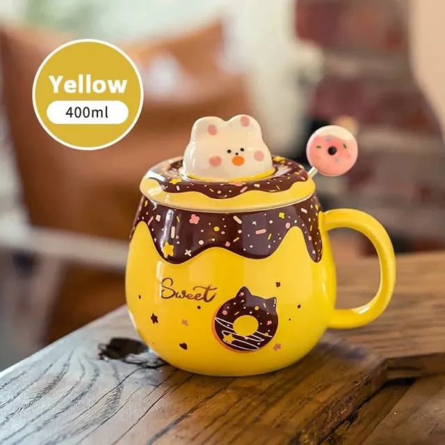 Kawaii Cute Donut Ceramic Mug With Lid And Spoon