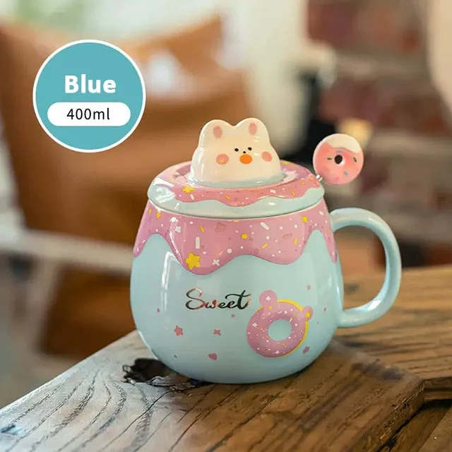 Kawaii Cute Donut Ceramic Mug With Lid And Spoon