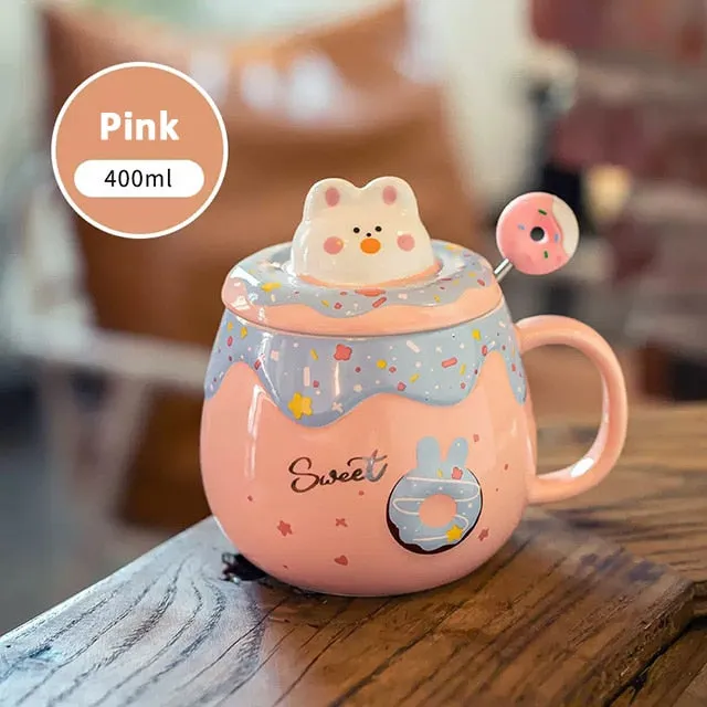 Kawaii Cute Donut Ceramic Mug With Lid And Spoon