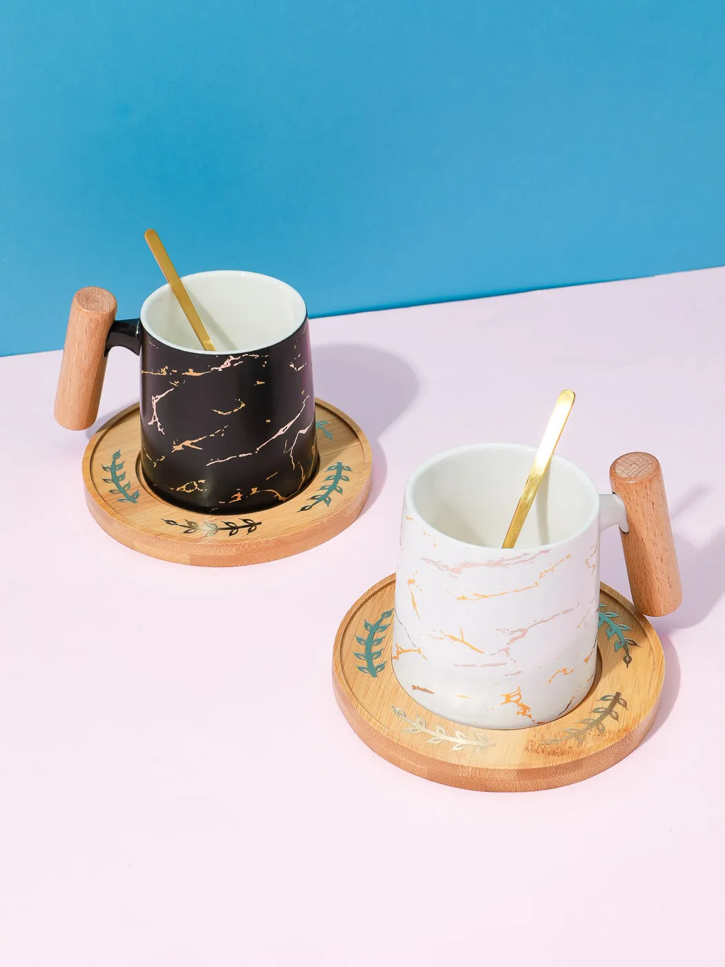 MINISO Marble Ceramic Mug with Wood Handle with Coaster & Spoon