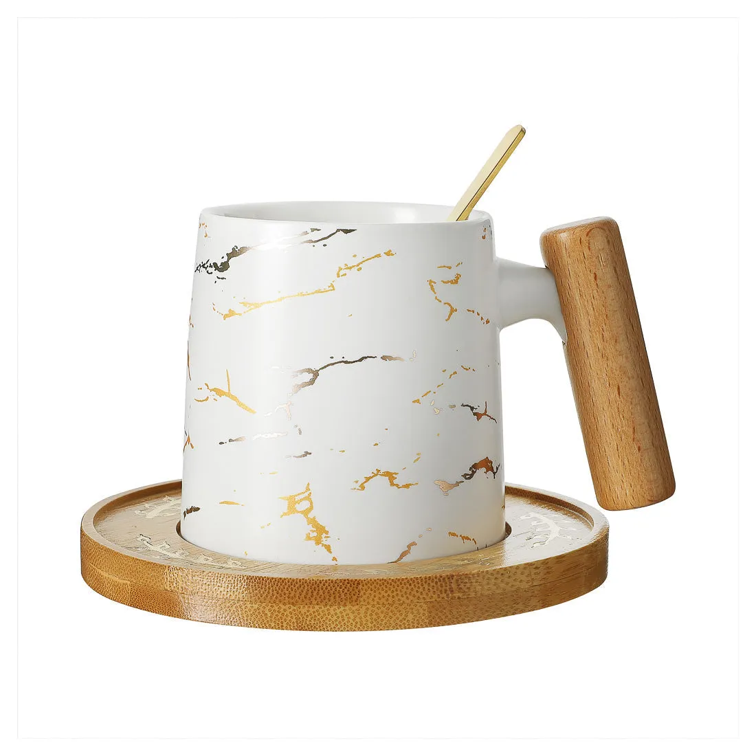 MINISO Marble Ceramic Mug with Wood Handle with Coaster & Spoon