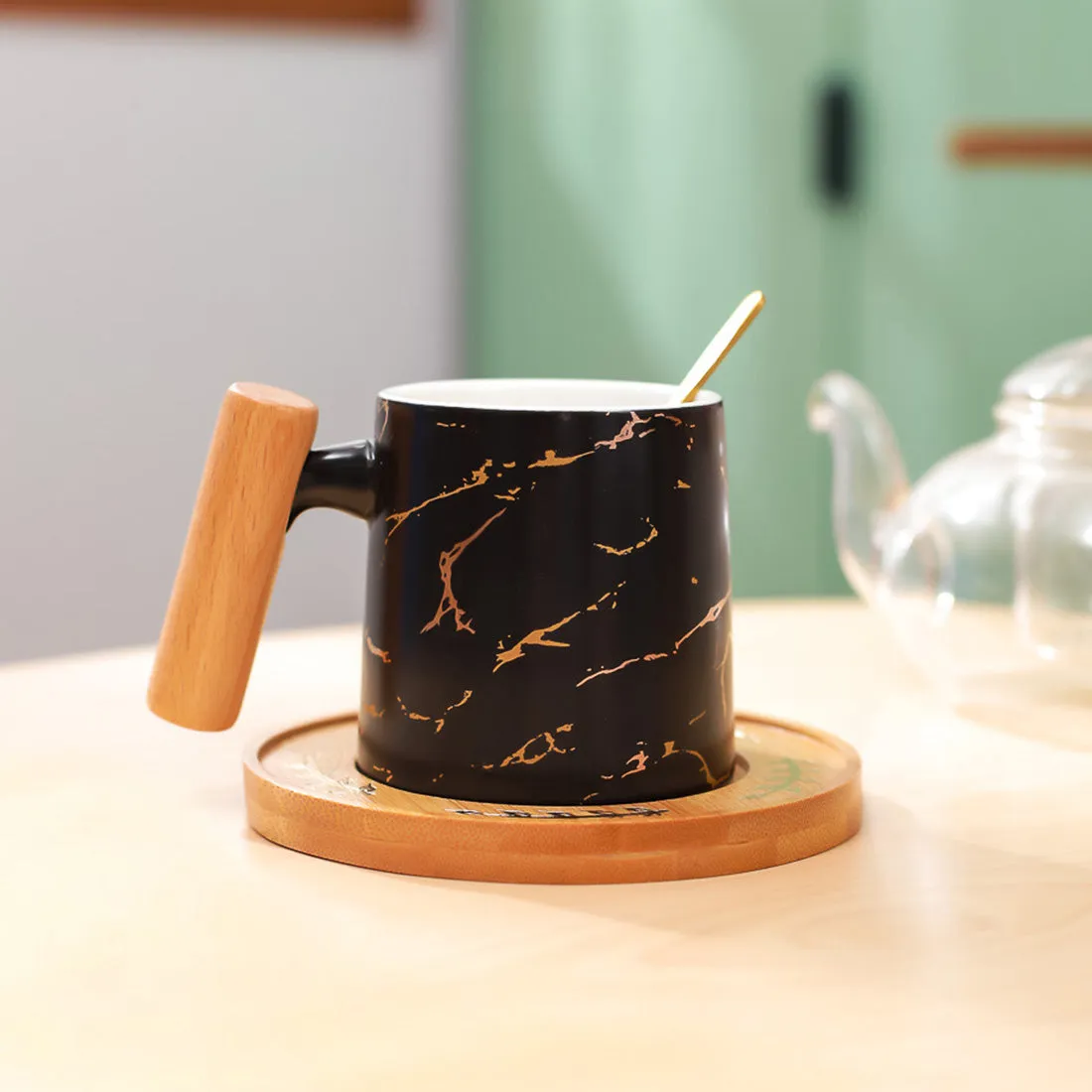 MINISO Marble Ceramic Mug with Wood Handle with Coaster & Spoon