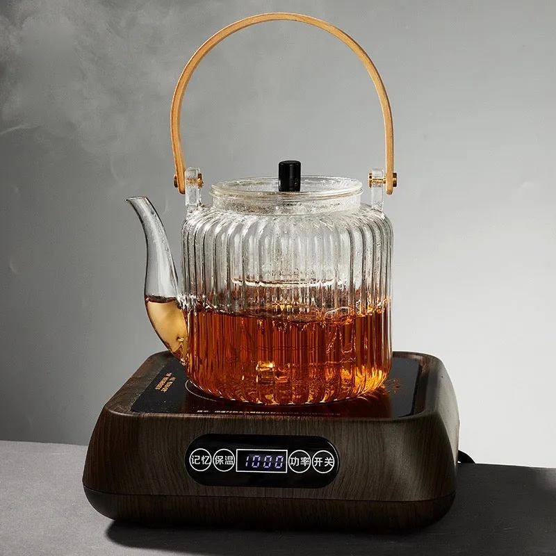 Modern Oriental Glass Tea Pot Set With Bamboo Handle