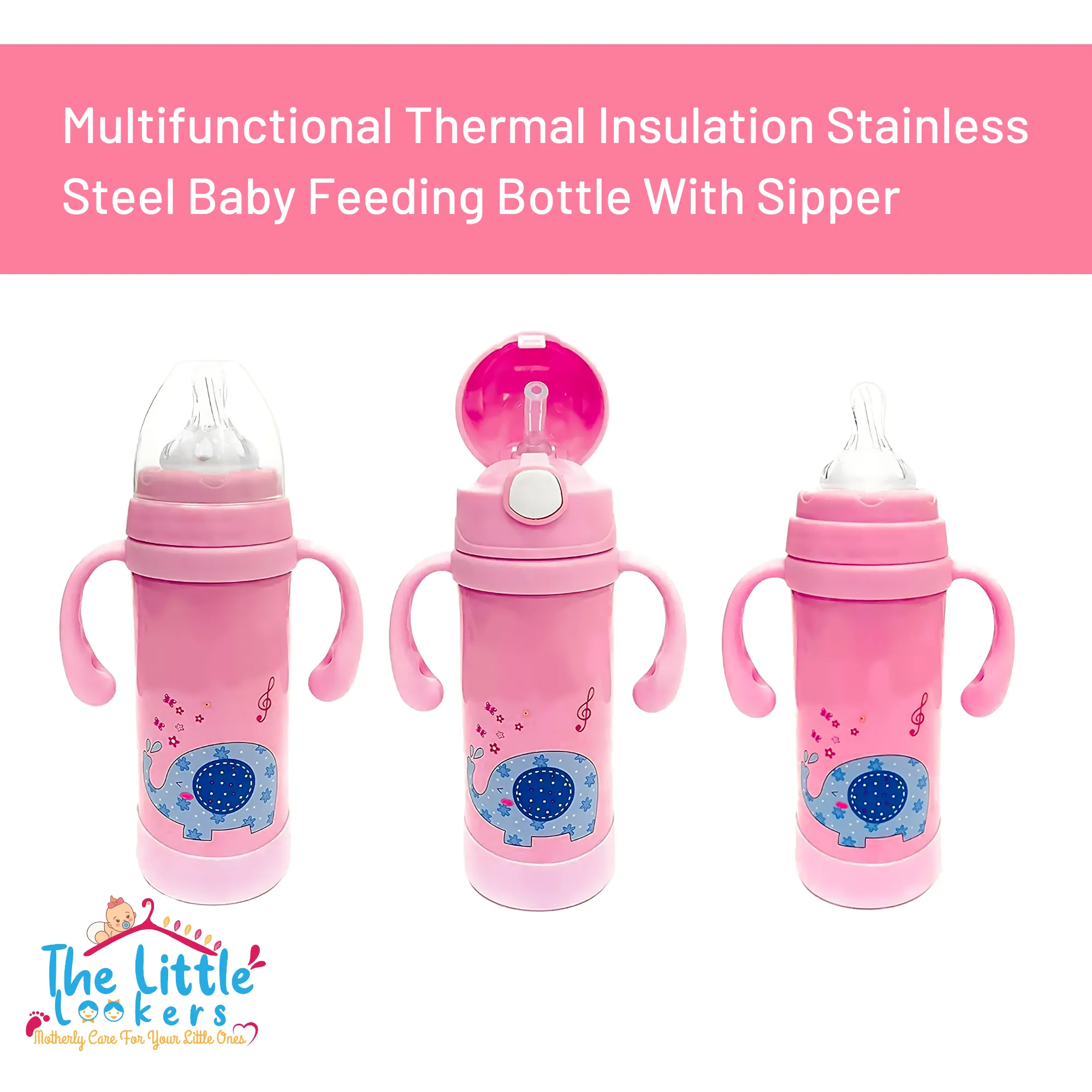 THE LITTLE LOOKERS 2 In 1 Thermal Insulation Stainless Steel Sipper Cum Feeding Bottle/Feeder with Two Sided Handle for Newborns/Infants/Babies/Kids (220ml) Print May Very